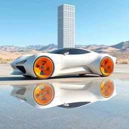 A 3D rendering of a futuristic car in a clean white color featuring a sleek and aerodynamic design