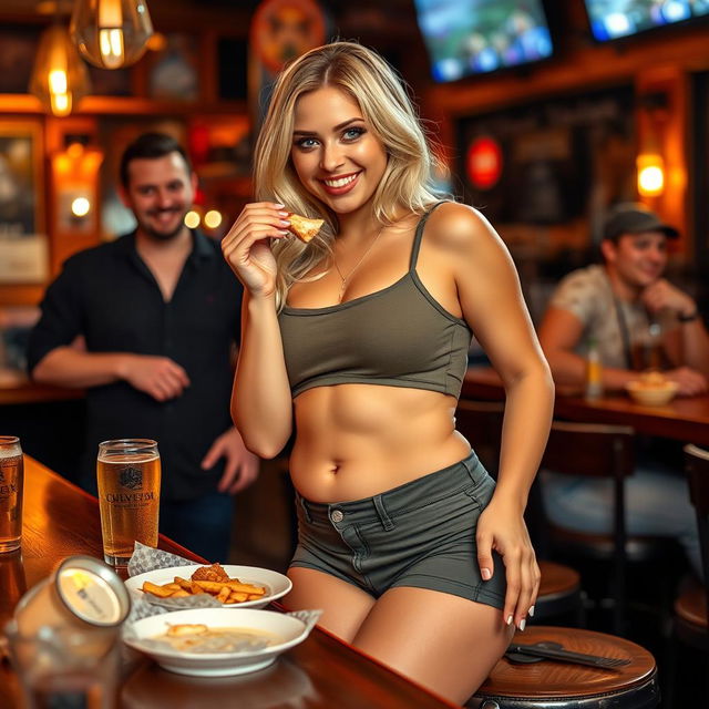 A beautiful, sexy, curvy blonde girl with an innocent smile is at a bar, wearing tight shorts and a snug tank top that accentuate her voluptuous shape, including a charming pot belly