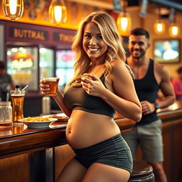 A beautiful, sexy, curvy blonde girl with an innocent smile is at a bar, wearing tight shorts and a snug tank top that accentuate her voluptuous shape, including a charming pot belly
