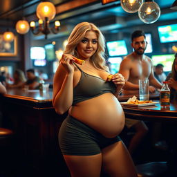 A beautiful, sexy, curvy blonde girl with an innocent charm is enjoying her meal at a bar