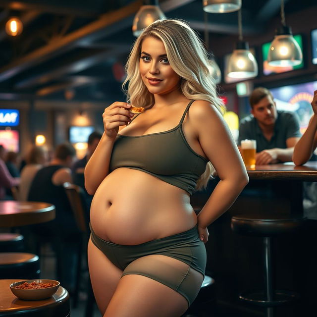 A beautiful, sexy, curvy blonde girl with an innocent charm is enjoying her meal at a bar