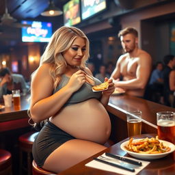 A beautiful, sexy, curvy blonde girl with an innocent charm is enjoying her meal at a bar