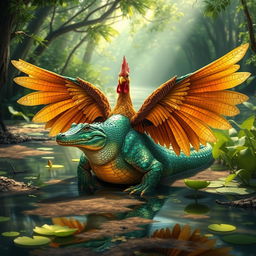 A unique crocodile-hen hybrid creature, showcasing the body of a crocodile with striking iridescent scales that sparkle in hues of emerald and gold