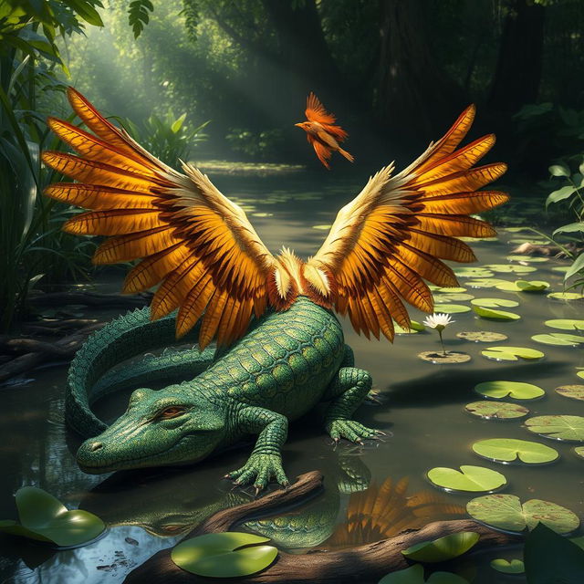 A unique crocodile-hen hybrid creature, showcasing the body of a crocodile with striking iridescent scales that sparkle in hues of emerald and gold