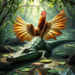 A unique crocodile-hen hybrid creature, showcasing the body of a crocodile with striking iridescent scales that sparkle in hues of emerald and gold
