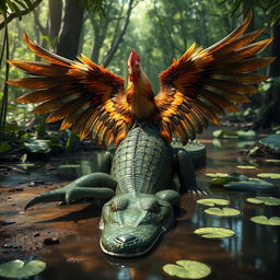 A unique crocodile-hen hybrid creature, showcasing the body of a crocodile with striking iridescent scales that sparkle in hues of emerald and gold