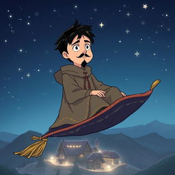 In a Ghibli-inspired anime style, hand-drawn, a handsome and determined wizard with short black hair and a stylish goatee is depicted sitting on a magical carpet