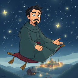 In a Ghibli-inspired anime style, hand-drawn, a handsome and determined wizard with short black hair and a stylish goatee is depicted sitting on a magical carpet