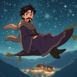 In a Ghibli-inspired anime style, hand-drawn, a handsome and determined wizard with short black hair and a stylish goatee is depicted sitting on a magical carpet