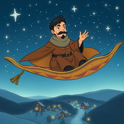 In a Ghibli-inspired anime style, hand-drawn, a handsome and determined wizard with short black hair and a stylish goatee is depicted sitting on a magical carpet