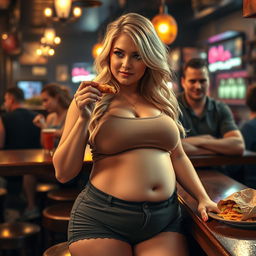 A beautiful, sexy, curvy blonde girl with an innocent expression is enjoying a meal at a bar