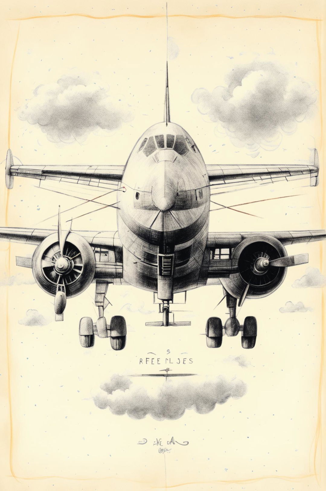 A whimsical, high-quality pencil sketch of an airplane inspired by the aesthetic of Wes Anderson's films