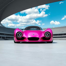 A digital rendering of a futuristic hypercar in a striking metallic pink color, showcasing a sleek and aerodynamic design
