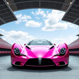 A digital rendering of a futuristic hypercar in a striking metallic pink color, showcasing a sleek and aerodynamic design