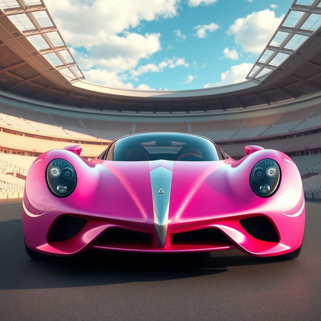 A digital rendering of a futuristic hypercar in a striking metallic pink color, showcasing a sleek and aerodynamic design