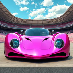 A digital rendering of a futuristic hypercar in a striking metallic pink color, showcasing a sleek and aerodynamic design