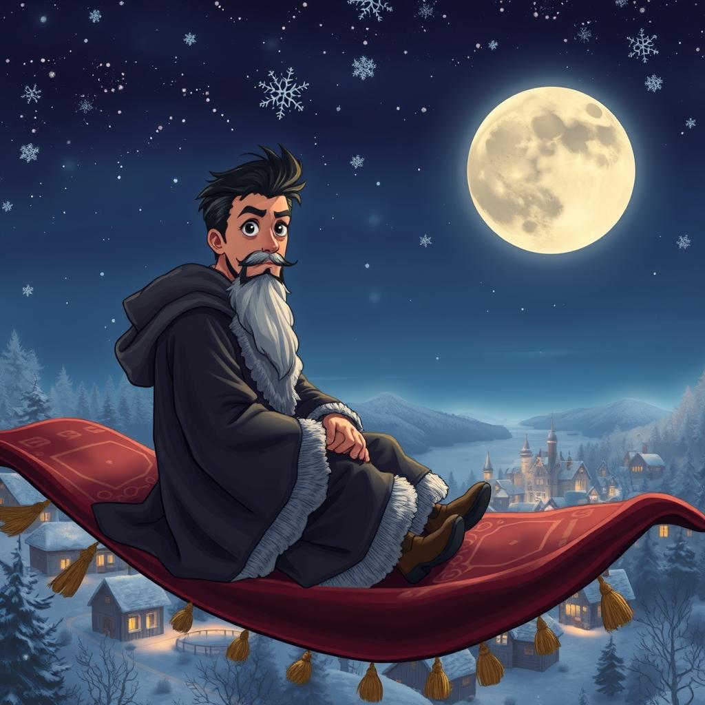 In a realistic anime style, hand-drawn, a handsome and determined wizard with short black hair and a stylish goatee is illustrated sitting on a magical carpet