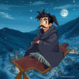 In a realistic anime style, hand-drawn, a handsome and determined wizard with short black hair and a stylish goatee is illustrated sitting on a magical carpet