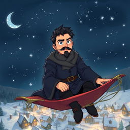 In a realistic anime style, hand-drawn, a handsome and determined wizard with short black hair and a stylish goatee is illustrated sitting on a magical carpet