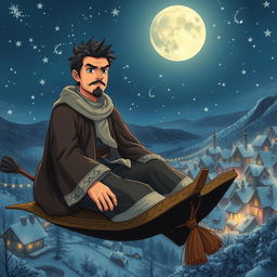 In a realistic anime style, hand-drawn, a handsome and determined wizard with short black hair and a stylish goatee is illustrated sitting on a magical carpet