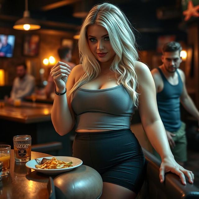 A beautiful, sexy, curvy blonde girl with an innocent allure is enjoying a meal at a bar