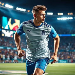A stylish, athletic figure wearing a modern white and blue jersey, emphasizing dynamic motion as if caught mid-action during a sports game