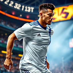 A stylish, athletic figure wearing a modern white and blue jersey, emphasizing dynamic motion as if caught mid-action during a sports game