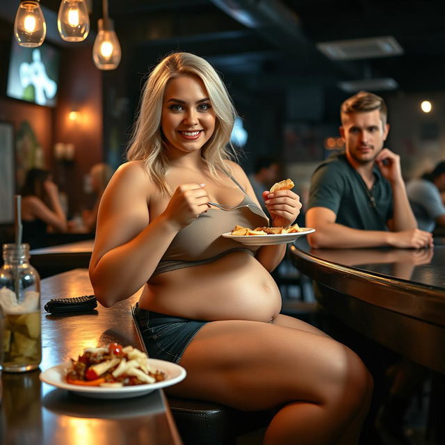 A beautiful, sexy, curvy blonde girl with an innocent demeanor is sitting at a bar, enjoying her meal