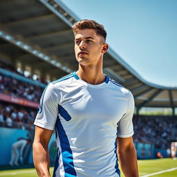 A vibrant and stylish athletic scene featuring a person wearing a sleek white and blue jersey
