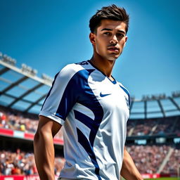 A vibrant and stylish athletic scene featuring a person wearing a sleek white and blue jersey
