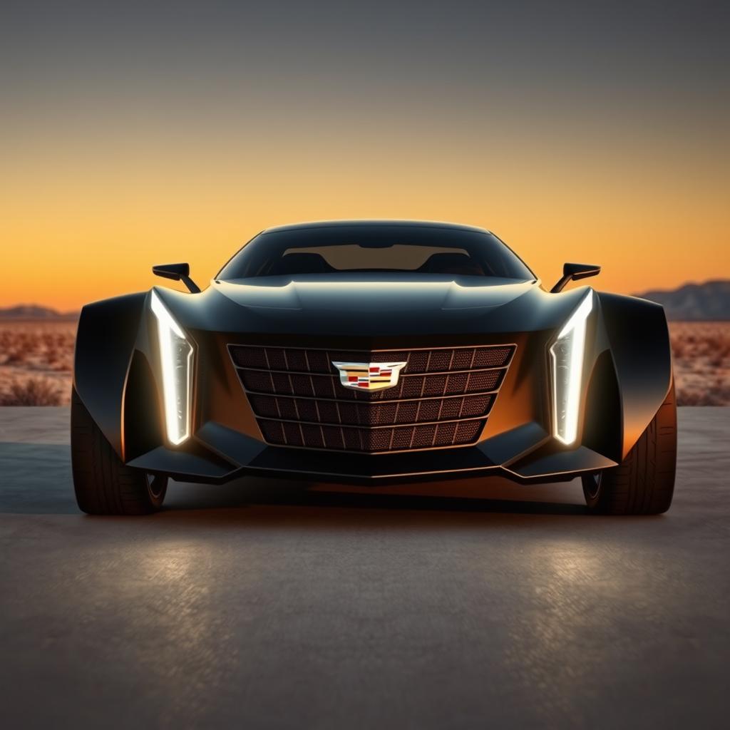 A digital rendering of a futuristic car in a sleek black color, featuring a modern design inspired by 1950s Cadillacs