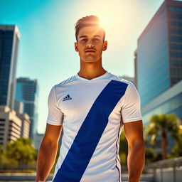 A stylish young man wearing a modern white and blue sports jersey, standing confidently in an urban environment