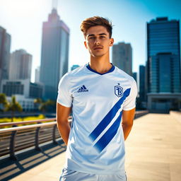 A stylish young man wearing a modern white and blue sports jersey, standing confidently in an urban environment