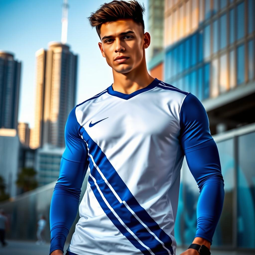 A stylish young man wearing a modern white and blue sports jersey, standing confidently in an urban environment