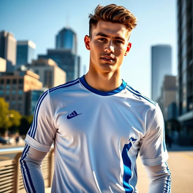 A stylish young man wearing a modern white and blue sports jersey, standing confidently in an urban environment