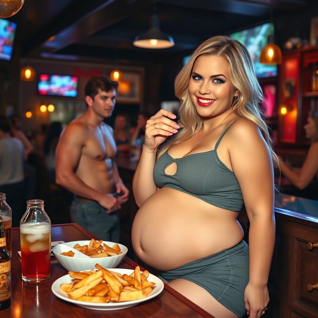 A beautiful, sexy, curvy blonde girl with an innocent demeanor is enjoying a delicious meal at a vibrant bar