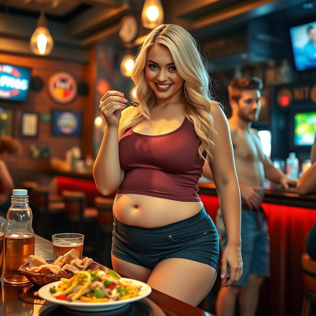 A beautiful, sexy, curvy blonde girl with an innocent demeanor is enjoying a delicious meal at a vibrant bar