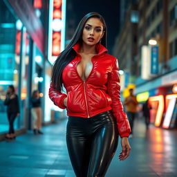 A hot slim girl with prominent curves and large breasts, elegantly wearing a shiny red tight puffer jacket that perfectly outlines her figure, alongside form-fitting black latex leggings that showcase her legs