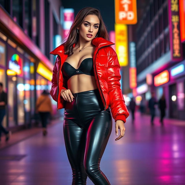 A hot slim girl with prominent curves and large breasts, elegantly wearing a shiny red tight puffer jacket that perfectly outlines her figure, alongside form-fitting black latex leggings that showcase her legs