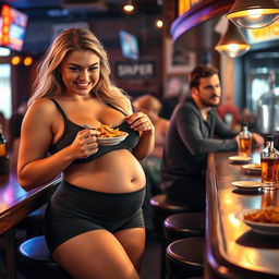 A beautiful, sexy, curvy blonde girl with an innocent and playful expression is enjoying a delicious meal at a lively bar