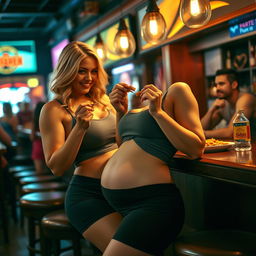 A beautiful, sexy, curvy blonde girl with an innocent and playful expression is enjoying a delicious meal at a lively bar