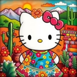 A vibrant and colorful interpretation of Hello Kitty in a traditional Oaxacan style, featuring intricate floral patterns and rich cultural details