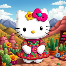 A vibrant and colorful interpretation of Hello Kitty in a traditional Oaxacan style, featuring intricate floral patterns and rich cultural details