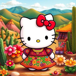 A vibrant and colorful interpretation of Hello Kitty in a traditional Oaxacan style, featuring intricate floral patterns and rich cultural details
