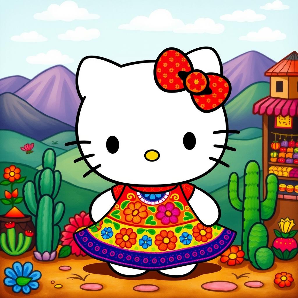 A vibrant and colorful interpretation of Hello Kitty in a traditional Oaxacan style, featuring intricate floral patterns and rich cultural details