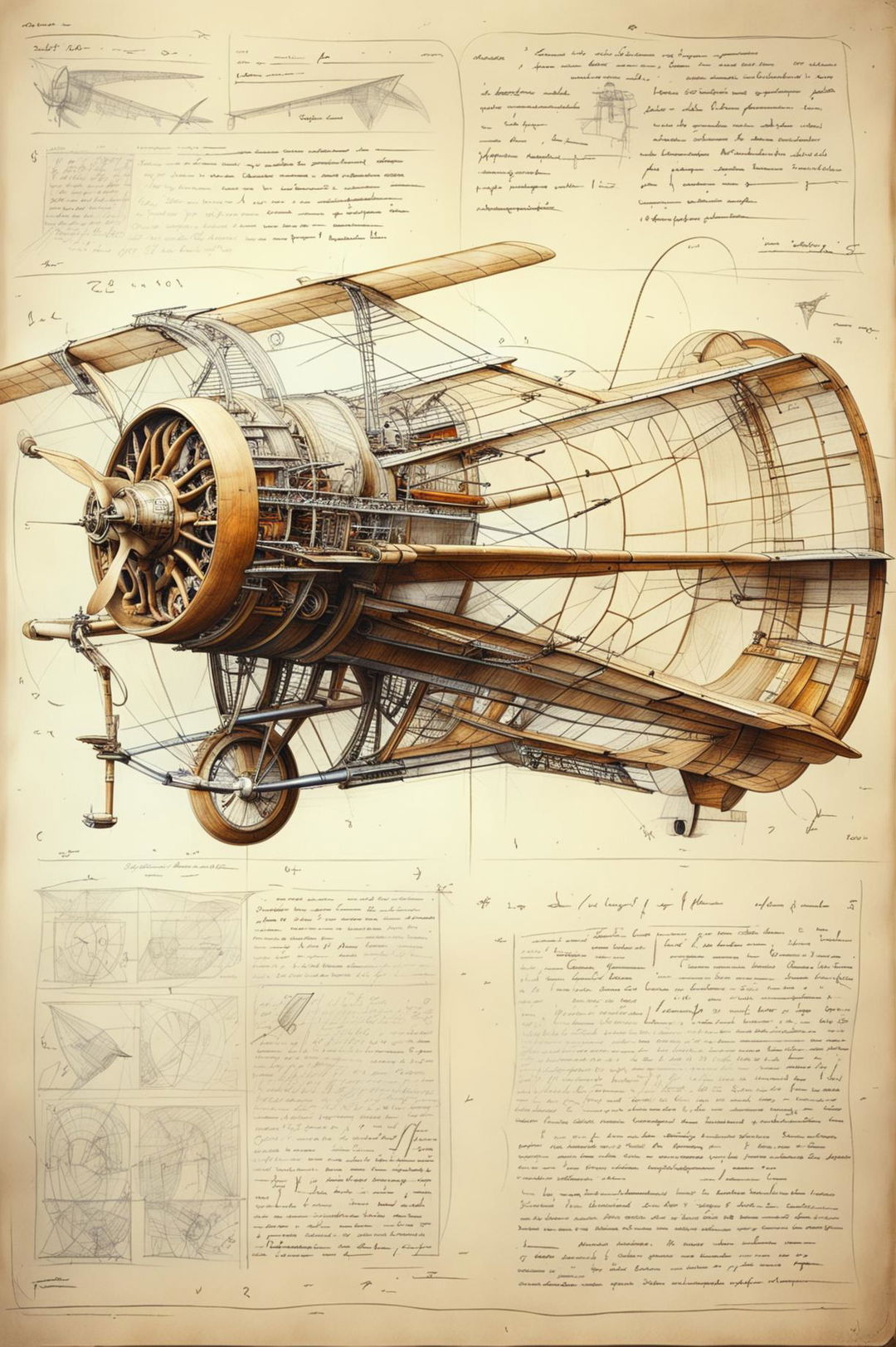 A high-quality pencil sketch of an 1800s aircraft designed in the style of Leonardo da Vinci