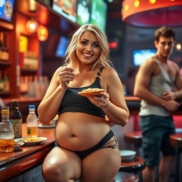A beautiful, sexy, curvy blonde girl with an innocent and playful expression is at a lively bar, enjoying a delightful meal
