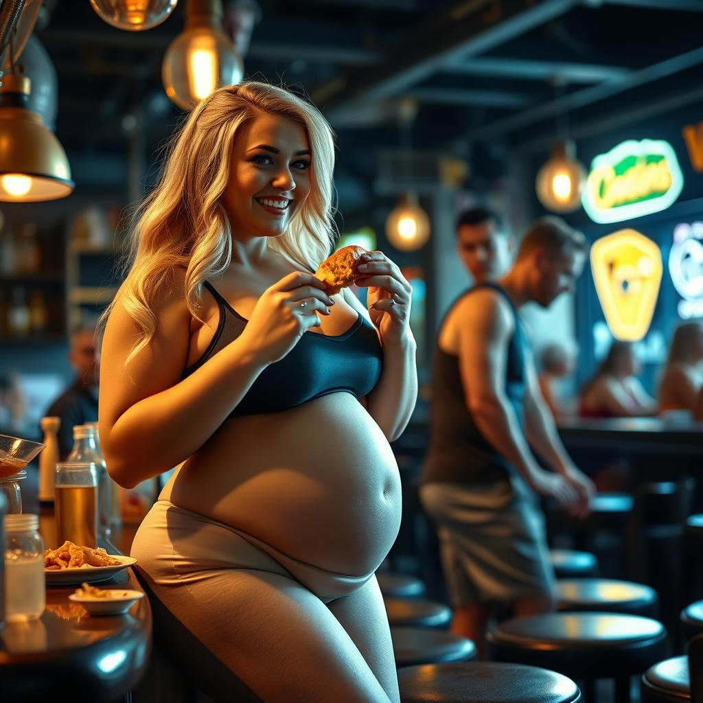 A beautiful, sexy, curvy blonde girl with an innocent and playful expression is at a lively bar, enjoying a delightful meal