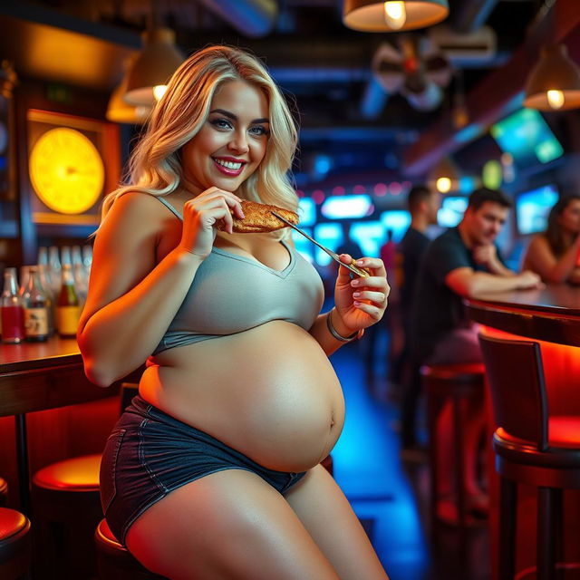 A beautiful, sexy, curvy blonde girl with an innocent and playful expression is at a lively bar, enjoying a delightful meal