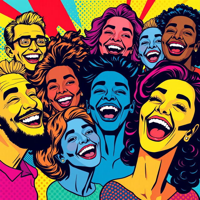 A vibrant pop art composition featuring a series of colorful comic-style portraits of diverse men and women expressing joy